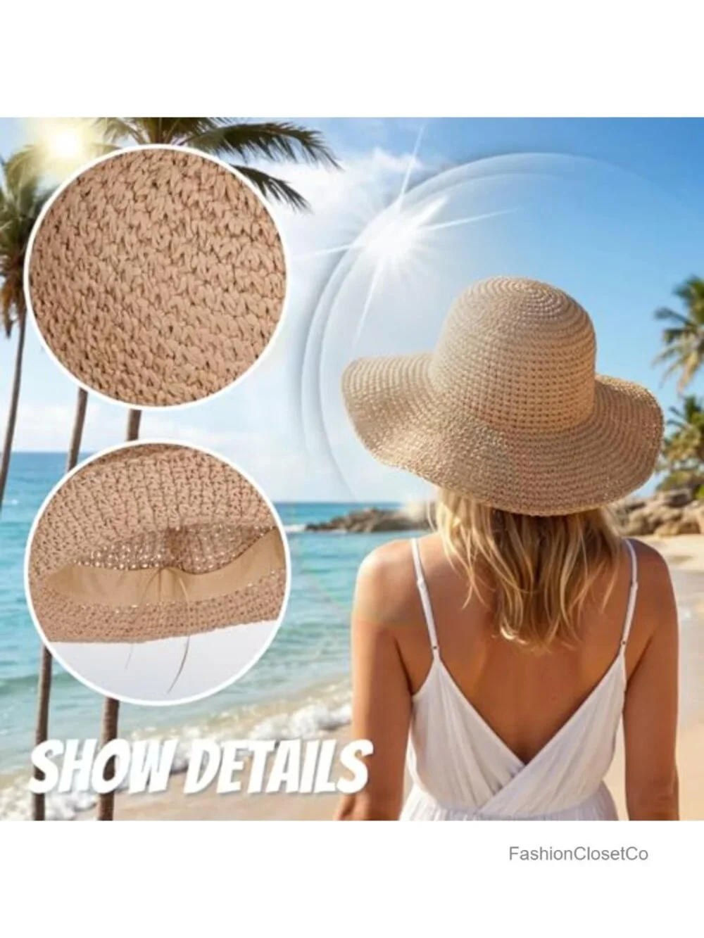 Women Straw Sun Hat Wide Brim Foldable Beach Lightweight Packable Travel Cap